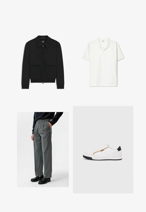 Black bomber jacket with a collared neck, zip front, and two large flap pockets. Features ribbed cuffs and hem, made of textured fabric.; Short-sleeve polo shirt in light white ribbed fabric, featuring a classic collar and a straight hem. Minimalist design with no embellishments.; Gray pleated trousers made of woven fabric, featuring a high waist and side pockets, paired with black leather loafers.; White athletic shoes with mesh and leather accents. Features a gold "BOSS" logo, textured side panels, and a black heel cap. Rubber sole.