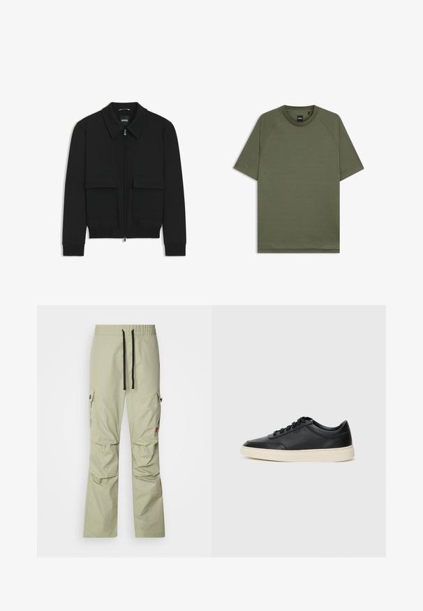 Black bomber jacket with a collared neck, zip front, and two large flap pockets. Features ribbed cuffs and hem, made of textured fabric.; Plain olive green short-sleeve T-shirt with crew neck and raglan sleeves, featuring a small black "BOSS" label inside the collar.; Light green cargo pants with a relaxed fit, elastic waistband, black drawstring, two side pockets, and subtle stitching details.; Black low-top leather sneaker with black laces and off-white sole shown in side profile on white background.