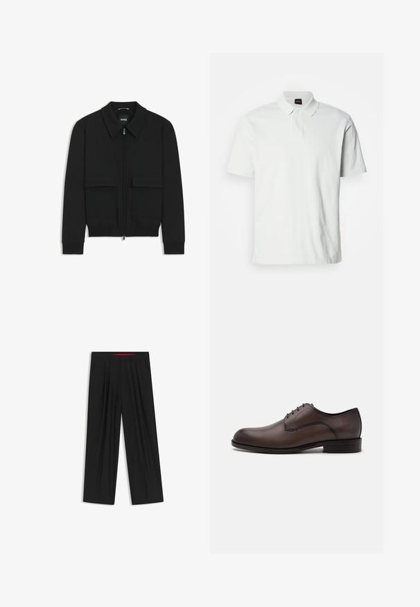 Giacca bomber nera con colletto, chiusura a zip frontale e due grandi tasche con patta. Presenta polsini e orlo a costine, realizzata in tessuto testurizzato.; Maglietta polo bianca in cotone, con colletto classico, due bottoni e logo del brand ricamato nella parte anteriore. Maniche corte.; Pantaloni neri a gamba larga con fronte piatto, due tasche laterali, design plissettato e un elastico in vita di colore rosso a contrasto.; Scarpa da dress in pelle marrone con design elegante, punta rotonda, lacci sul davanti e cuciture minimaliste. Tacco basso e marchio discreto sulla suola.