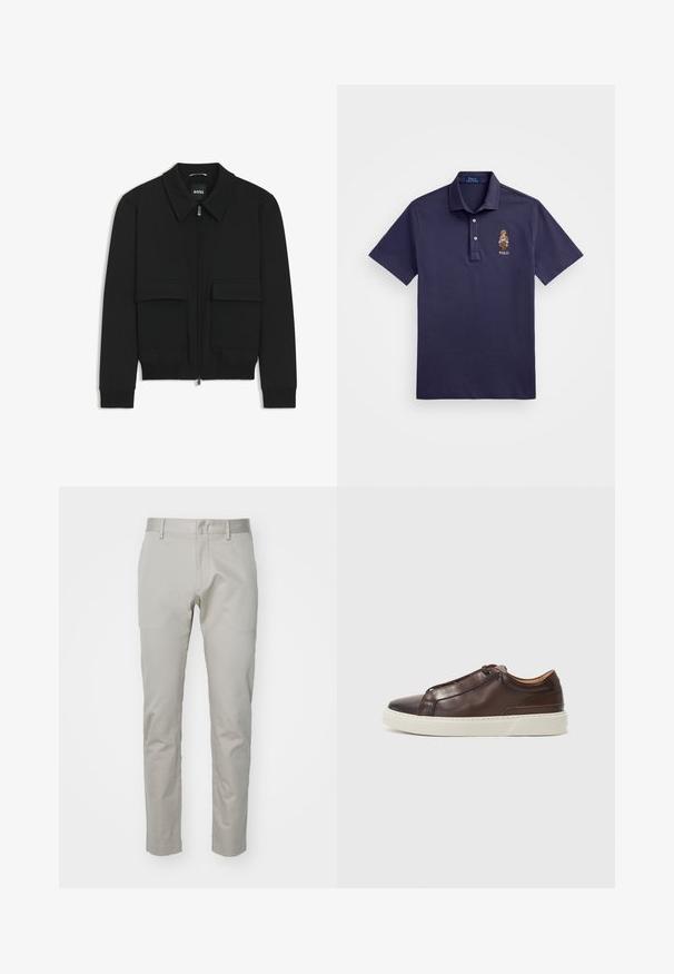 Giacca bomber nera con colletto, chiusura a zip frontale e due grandi tasche con patta. Presenta polsini e orlo a costine, realizzata in tessuto testurizzato.; Polo Ralph Lauren CUSTOM SLIM POLO BEAR MESH POLO SHIRT - Polo - faded blue bear; Pantaloni in cotone grigio chiaro con design a gamba dritta, fronte piatto e senza tasche o decorazioni visibili. Tessuto liscio, finitura semplice.; Sneaker in pelle marrone con punta arrotondata, suola in gomma bianca a contrasto, dettagli cuciti e nessun lace visibile. Texture complessiva liscia.