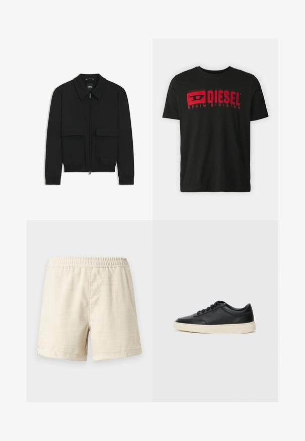 Black bomber jacket with a collared neck, zip front, and two large flap pockets. Features ribbed cuffs and hem, made of textured fabric.; Black cotton t-shirt featuring red "DIESEL" logo and "DENIM DIVISION" text. Short sleeves, crew neck, smooth texture, relaxed fit.; Beige cotton shorts with an elastic waistband, smooth texture, and fold-over hem at the legs. Simple design, no pockets or embellishments.; Black low-top leather sneaker with black laces and off-white sole shown in side profile on white background.