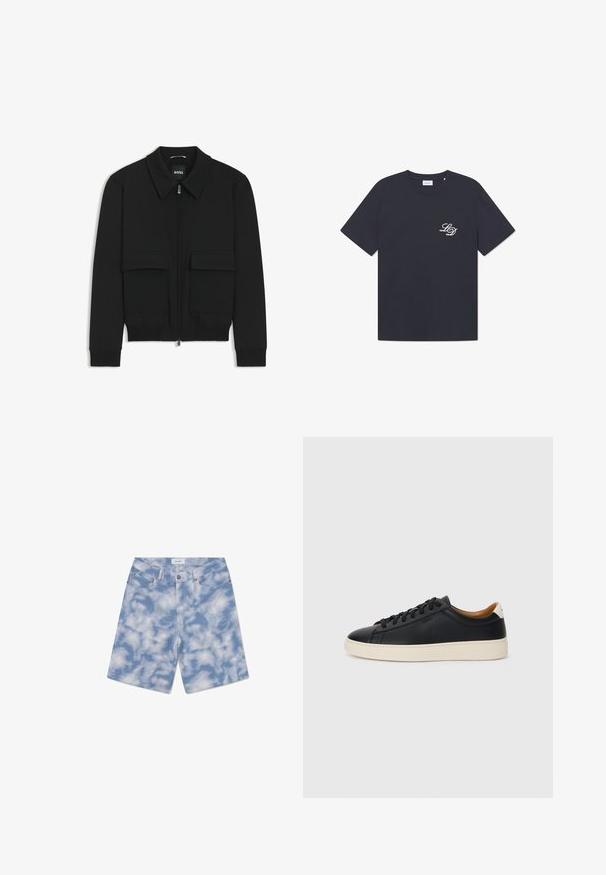 Musta pommikohva takki, jossa on kauluskulli, vetoketju etupuolella ja kaksi suurta läpällistä taskua. Varustettu ribbireunuksilla hihoissa ja helmassa, valmistettu teksturoituneesta kankaasta.; T-paita laivastonsinisestä puuvillasta, jossa on pyöreä kaula-aukko, lyhyet hihat ja pieni valkoinen "LD"-logo vasemmassa rinnassa. Klassinen laatikkomainen malli.; Vaaleansiniset farkkushortsit, joissa on pilvimäinen kuvio. Ne on valmistettu puuvillasta, ja niissä on klassinen viiden taskun malli sekä nappisuljenta.; Mustat nahkasneakerit, joissa on sileä pinta, beige kumipohja, nauhakiinnitys ja erottuva kanta-aksentti.