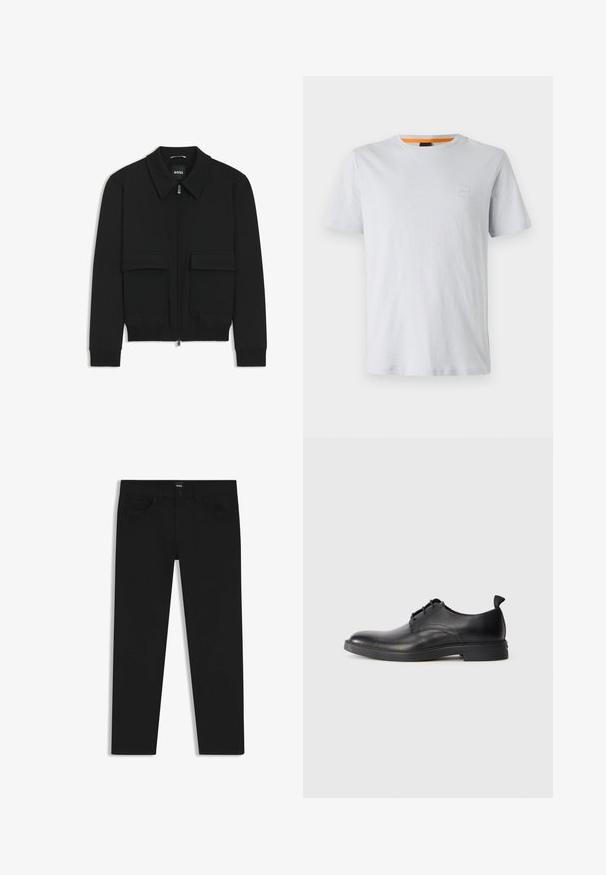 Musta pommikohva takki, jossa on kauluskulli, vetoketju etupuolella ja kaksi suurta läpällistä taskua. Varustettu ribbireunuksilla hihoissa ja helmassa, valmistettu teksturoituneesta kankaasta.; Vaalea harmaa lyhythihainen t-paita, joka on valmistettu puuvillasta. Paidassa on pieni logopatchi rinnassa ja kontrastivärinen oranssi korostus kauluksessa.; Musta farkkutakki suoran leikkauksen kanssa, varustettuna tavallisella vyötäröllä, viidellä taskulla ja nappisulkimella. Yhtenäinen sileä pinta.; Miestenska čierna kožená spoločenská obuv s šnurovaním a pútkom na päte, zobrazená v bočnom profile na bielom pozadí.