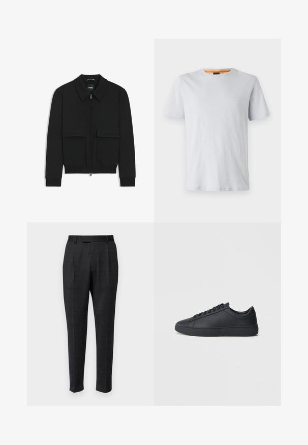 Black bomber jacket with a collared neck, zip front, and two large flap pockets. Features ribbed cuffs and hem, made of textured fabric.; Light gray short-sleeve t-shirt made of cotton, featuring a small logo patch on the chest and a contrasting orange accent on the neckline.; Tailored trousers made of dark fabric with a subtle check pattern, featuring a straight leg, pleats, and a standard waistband.; Black sneakers made of smooth leather with a low-top design, round toe, and flat rubber sole. Features laces and subtle branding.