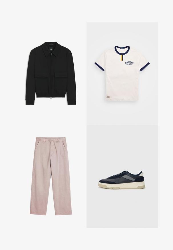 Chaqueta bomber negra con cuello tipo camisa, cierre frontal de cremallera y dos grandes bolsillos con solapa. Presenta puños ribeteados y dobladillo, confeccionada en tela texturizada.; Camiseta de algodón blanca con cuello redondo y acentos en las mangas de color azul marino. Presenta un pequeño detalle de botón amarillo y bordado "NORTHEAST RL ATHL."; Pantalones de pierna ancha en rosa claro, confeccionados en una tela suave, con bolsillos frontales y cierre de botón, adornados con sutiles detalles de costura.; BOSS BALTIMORE - Zapatillas - open blue