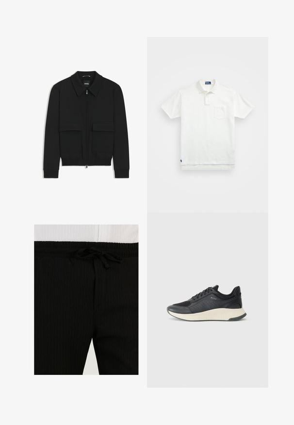 Zwarte bomberjack met een kraag, rits aan de voorkant en twee grote klepzakken. Heeft geribde manchetten en onderrand, gemaakt van textuurstof.; Witte poloshirt van katoen, met een klassieke kraag, een knoopsluiting met drie knopen en een borstzak aan de linkerkant; klein logo aan de onderrand.; Zwarte geribbelde sweatpants met een elastische tailleband en trekkoorddetail. De textuur is zacht met verticale lijnen, waardoor een subtiel patroon ontstaat.; Zwarte sport sneaker met een mesh bovenkant met perforaties, een gestructureerde tussenzool in roomkleur en een rubberen buitenzool voor grip.