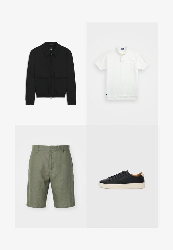 Giacca bomber nera con colletto, chiusura a zip frontale e due grandi tasche con patta. Presenta polsini e orlo a costine, realizzata in tessuto testurizzato.; Polo bianco in cotone, con colletto classico, placca con tre bottoni e taschino sul lato sinistro del petto; piccolo logo sull'orlo.; NN.07 CROWN - Shorts - khaki; Sneakers in pelle nera con una texture liscia, suola in gomma beige, design con lacci e un accento del tacco in contrasto.