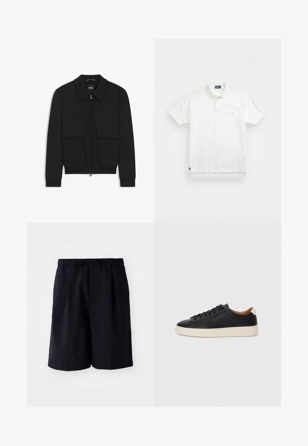 Veste bomber noire avec col, fermeture éclair à l'avant et deux grandes poches à rabat. Dotée de poignets et d'un bas côtelés, fabriquée en tissu texturé.; Polo shirt blanc en coton, avec un col classique, une patte de boutonnage à trois boutons et une poche sur la poitrine à gauche ; petit logo en bas.; Shorts bleu marine en tissu léger, dotés d'une taille élastique avec cordon de serrage et de deux poches latérales, coupe droite.; Baskets en cuir noir avec une texture lisse, semelle en caoutchouc beige, design à lacets et accent de talon contrasté.
