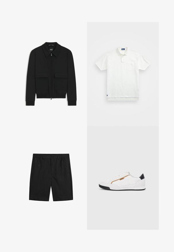 Giacca bomber nera con colletto, chiusura a zip frontale e due grandi tasche con patta. Presenta polsini e orlo a costine, realizzata in tessuto testurizzato.; Polo bianco in cotone, con colletto classico, placca con tre bottoni e taschino sul lato sinistro del petto; piccolo logo sull'orlo.; Pantaloni shorts neri realizzati in un materiale leggero, con vita elastica, chiusura con bottone e taglio dritto senza motivi.; Scarpe sportive bianche con accenti in rete e pelle. Presentano un logo dorato "BOSS", pannelli laterali testurizzati e un copri tallone nero. Suola in gomma.
