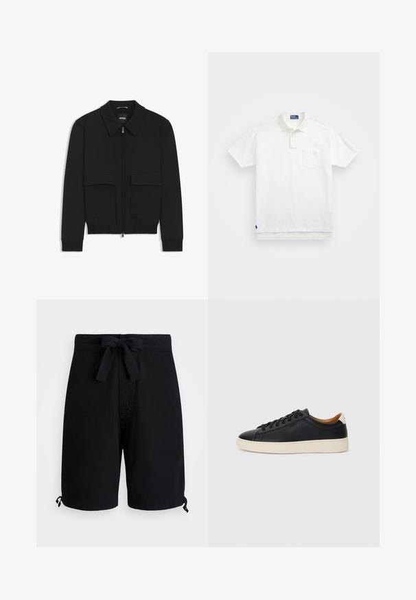 Czarna kurtka bomberka z kołnierzykiem, zapinana na zamek, z dwiema dużymi kieszeniami z klapami. Posiada ściągacze na mankietach i dole, wykonana z teksturowanej tkaniny.; Biała koszulka polo wykonana z bawełny, z klasycznym kołnierzykiem, trzema guzikami oraz kieszonką na lewym piersi; małe logo na dolnym brzegu.; Czarne szorty kąpielowe wykonane z lekkiego materiału, z wiązaniem na sznurku w talii i regulowanymi detalami przy końcówkach.; Czarne skórzane trampki o gładkiej fakturze, jasnobrązowa gumowa podeszwa, sznurowana konstrukcja i kontrastujący akcent na pięcie.