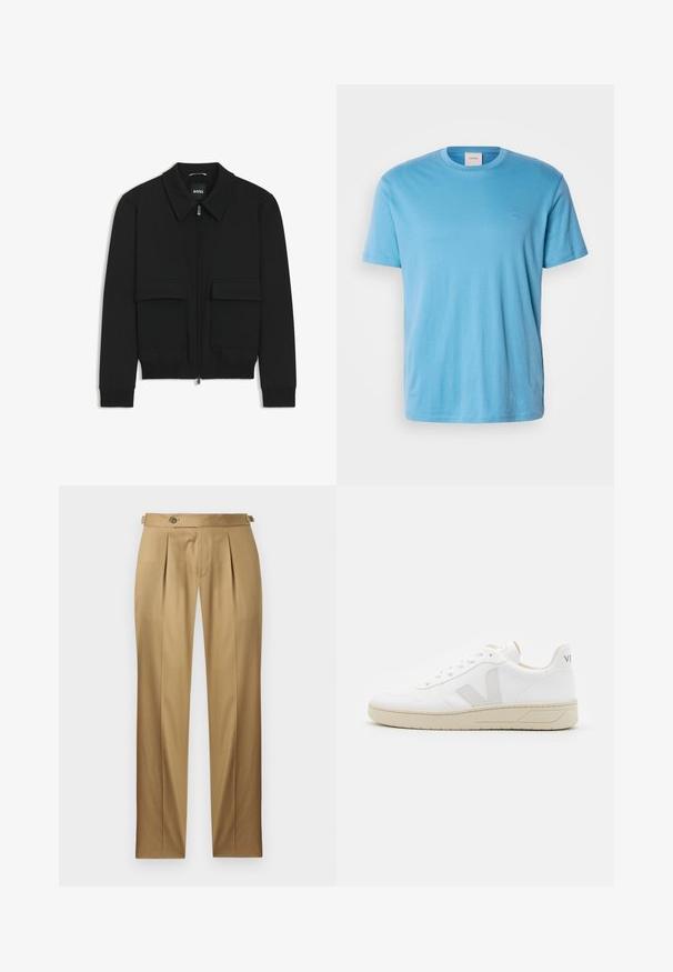 Musta pommikohva takki, jossa on kauluskulli, vetoketju etupuolella ja kaksi suurta läpällistä taskua. Varustettu ribbireunuksilla hihoissa ja helmassa, valmistettu teksturoituneesta kankaasta.; Vaaleansininen lyhythihainen puuvillapaita, jossa on pyöreä kaula-aukko ja pieni brodeerattu logo rinnassa. Silkkinen pinta, normaali istuvuus.; Beiget suoralahkeiset housut, joissa on laskokset, napillinen suljenta ja vyölenkit. Sileä kangas ja siisti, räätälöity ilme.; Valkoiset tennarit, joissa on rei'itetty pinta kärjessä, sileä nahkapinta, beige ulkopohja ja huomaamaton logo kantapäässä.