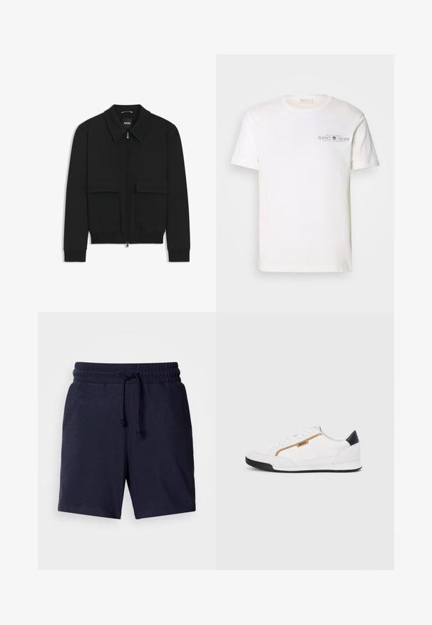 Black bomber jacket with a collared neck, zip front, and two large flap pockets. Features ribbed cuffs and hem, made of textured fabric.; White cotton t-shirt with a crew neck, short sleeves, and a printed logo. Features minimalist design and relaxed fit.; Navy blue shorts with a relaxed fit, elastic waistband, and adjustable drawstring. Lightweight fabric with a smooth texture.; White athletic shoes with mesh and leather accents. Features a gold "BOSS" logo, textured side panels, and a black heel cap. Rubber sole.
