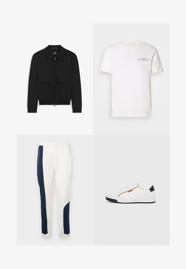 Black bomber jacket with a collared neck, zip front, and two large flap pockets. Features ribbed cuffs and hem, made of textured fabric.; White cotton t-shirt with a crew neck, short sleeves, and a printed logo. Features minimalist design and relaxed fit.; White jogger pants featuring navy side panels and elastic cuffs, made of soft fabric with a smooth texture and a drawstring waistband.; White athletic shoes with mesh and leather accents. Features a gold "BOSS" logo, textured side panels, and a black heel cap. Rubber sole.