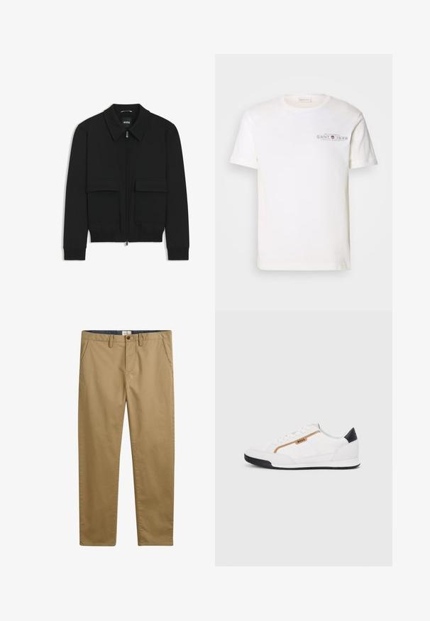 Veste bomber noire avec col, fermeture éclair à l'avant et deux grandes poches à rabat. Dotée de poignets et d'un bas côtelés, fabriquée en tissu texturé.; T-shirt en coton blanc avec un col rond, des manches courtes et un logo imprimé. Présente un design minimaliste et une coupe décontractée.; Pantalon en coton kaki à coupe droite, doté de poches latérales, d'une fermeture à bouton et d'un tissu texturé.; Baskets blanches avec des accents en maille et en cuir. Caractéristiques d'un logo "BOSS" doré, de panneaux latéraux texturés et d'un capuchon de talon noir. Semelle en caoutchouc.