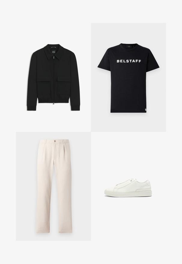 Zwarte bomberjack met een kraag, rits aan de voorkant en twee grote klepzakken. Heeft geribde manchetten en onderrand, gemaakt van textuurstof.; Zwarte katoenen t-shirt met een ronde halslijn, korte mouwen, en een witte "BELSTAFF" logo gedrukt over de borst.; Beige broek met een elastische tailleband en een knoop aan de voorkant, voorzien van een recht model en een glad, gestructureerd stof.; Witte leren sneaker met een gestructureerde bovenkant, een ronde neus, minimalistisch ontwerp en een rubberen zool met gestikte details.
