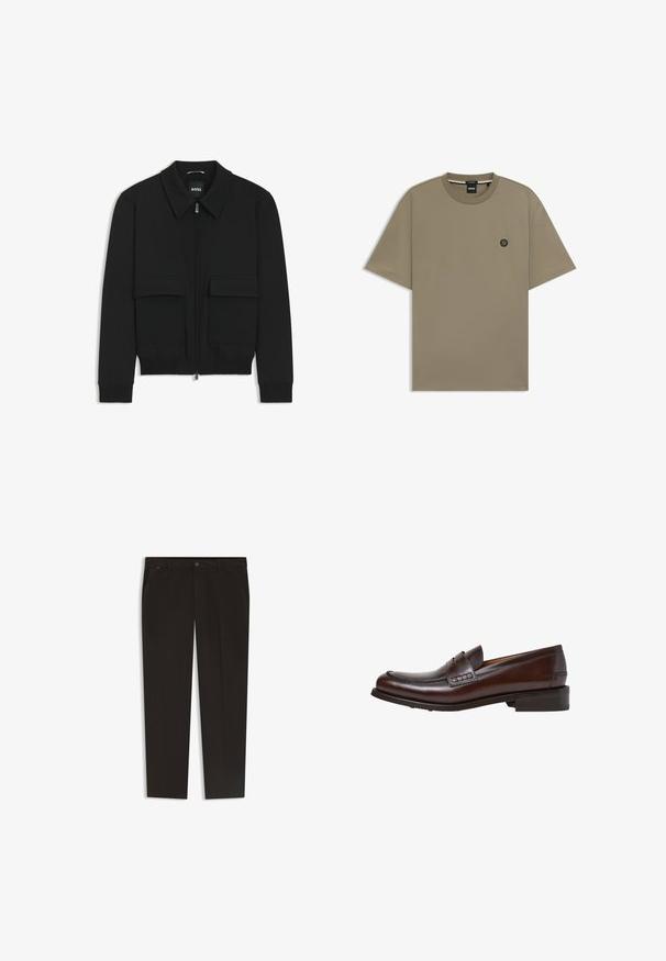 Schwarze Bikerjacke mit Kragen, Reißverschluss vorne und zwei großen Taschen mit Klappen. Mit Rippstrickbündchen und Saum, aus strukturiertem Stoff gefertigt.; T-Shirt mit kurzen Ärmeln in Olivgrün, aus Baumwollmischung, mit rundem Ausschnitt und einem kleinen Logo-Patch auf der linken Brust.; Schwarze Hose mit geradem Bein, aus einem glatten Stoff. Mit Knopfverschluss und Fronttaschen. Keine sichtbaren Muster oder Akzente.; Hackett London JAME MIRROW - Mokassin - brown