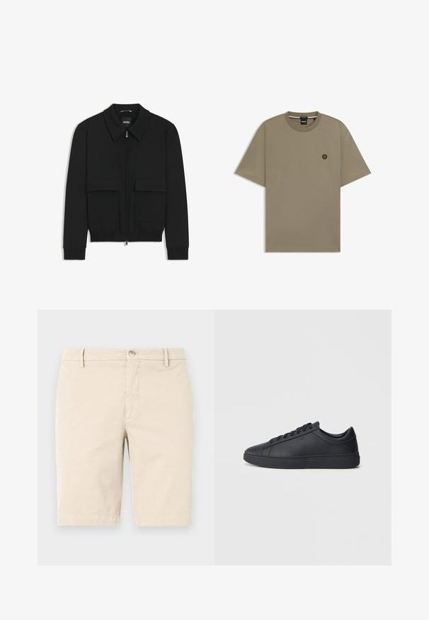Black bomber jacket with a collared neck, zip front, and two large flap pockets. Features ribbed cuffs and hem, made of textured fabric.; Short-sleeve T-shirt in olive green, made of cotton blend, featuring a round neckline and a small logo patch on the left chest.; Beige cotton shorts with a flat front, zip fly, button closure, and side pockets. Smooth texture and knee-length design.; Black sneakers made of smooth leather with a low-top design, round toe, and flat rubber sole. Features laces and subtle branding.