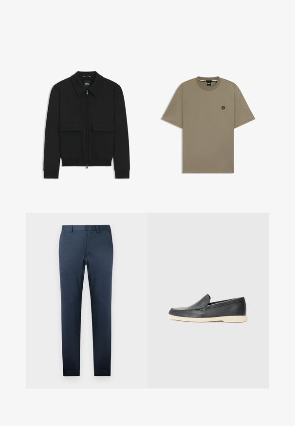 Zwarte bomberjack met een kraag, rits aan de voorkant en twee grote klepzakken. Heeft geribde manchetten en onderrand, gemaakt van textuurstof.; Korte mouwen T-shirt in olijfgroen, gemaakt van een katoenmix, met een ronde halslijn en een klein logopatch op de linkerborst.; Donkerblauwe broek van gestructureerde stof, met een slim fit, platte voorkant en een enkele knoopsluiting bij de tailleband.; Zwarte leren instappers met een gestructureerde afwerking en een contrasterende beige rubberen zool. Beschikt over een subtiele accent langs de voorkant.