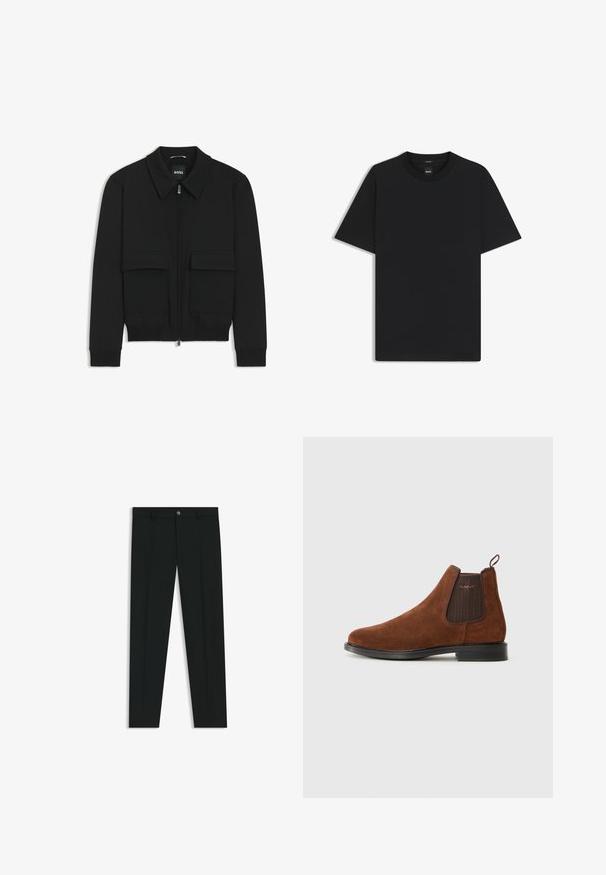 Musta pommikohva takki, jossa on kauluskulli, vetoketju etupuolella ja kaksi suurta läpällistä taskua. Varustettu ribbireunuksilla hihoissa ja helmassa, valmistettu teksturoituneesta kankaasta.; Musta lyhythiha T-paita, joka on valmistettu sileästä puuvillasekoitteesta. Paita on varustettu pyöreällä pääntiehen ja siinä on minimaalinen muotoilu ilman kuvioita tai yksityiskohtia.; Musta housut, joissa on suora lahje, valmistettu sileästä kankaasta. Edessä nappisulku ja vyölenkit. Yksinkertainen ilman kuvioita.; Ruskosamettiset Chelsea-saappaat, joissa on elastiset sivupaneelit, lenkkitappi takana, musta pohja ja hillitty "GANT"-logo sivupaneelissa.