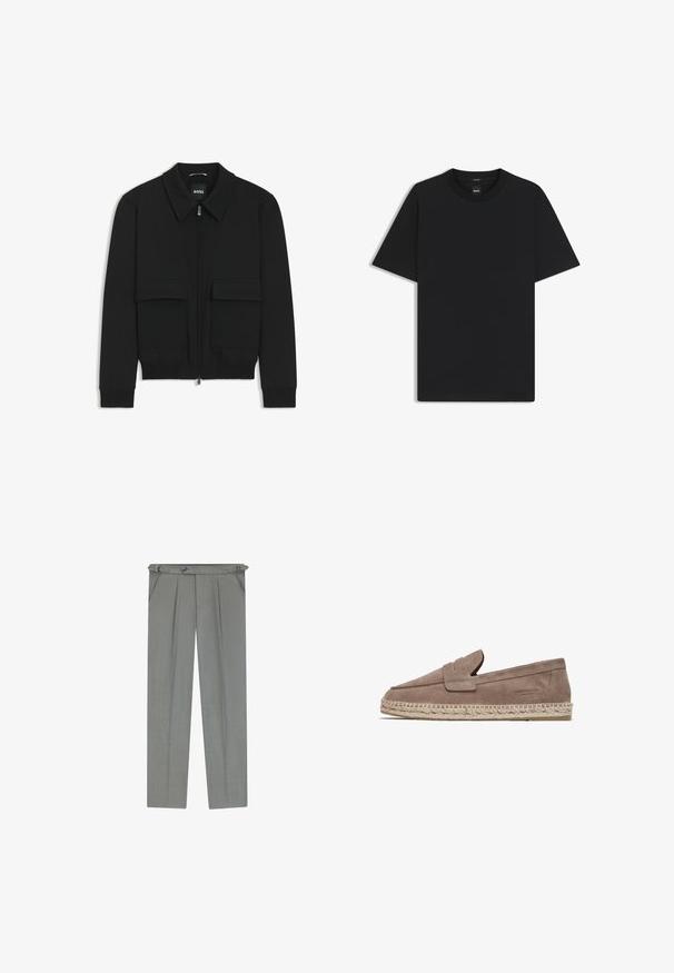 Veste bomber noire avec col, fermeture éclair à l'avant et deux grandes poches à rabat. Dotée de poignets et d'un bas côtelés, fabriquée en tissu texturé.; T-shirt noir à manches courtes en coton mélangé doux, avec un col rond et un design minimaliste sans motifs ni accents.; Pantalons sur mesure gris clair avec une finition texturée, dotés de plis, de passants de ceinture et d'une fermeture à bouton à la taille.; FRED MARTIN COLLECTION MARBELLA - Espadrilles - taupe suede