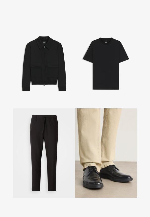 Giacca bomber nera con colletto, chiusura a zip frontale e due grandi tasche con patta. Presenta polsini e orlo a costine, realizzata in tessuto testurizzato.; Maglietta nera a maniche corte realizzata in un morbido misto cotone, con scollatura a girocollo e un design minimalista senza motivi o dettagli.; Pantaloni jogger neri realizzati in tessuto liscio. Presentano una vita elasticizzata con stringa, gambe affusolate e senza tasche visibili. Design semplice.; Scarpe in pelle nera con finitura lucida, design con lacci e suola in gomma. Indossate con pantaloni dritti di colore chiaro.