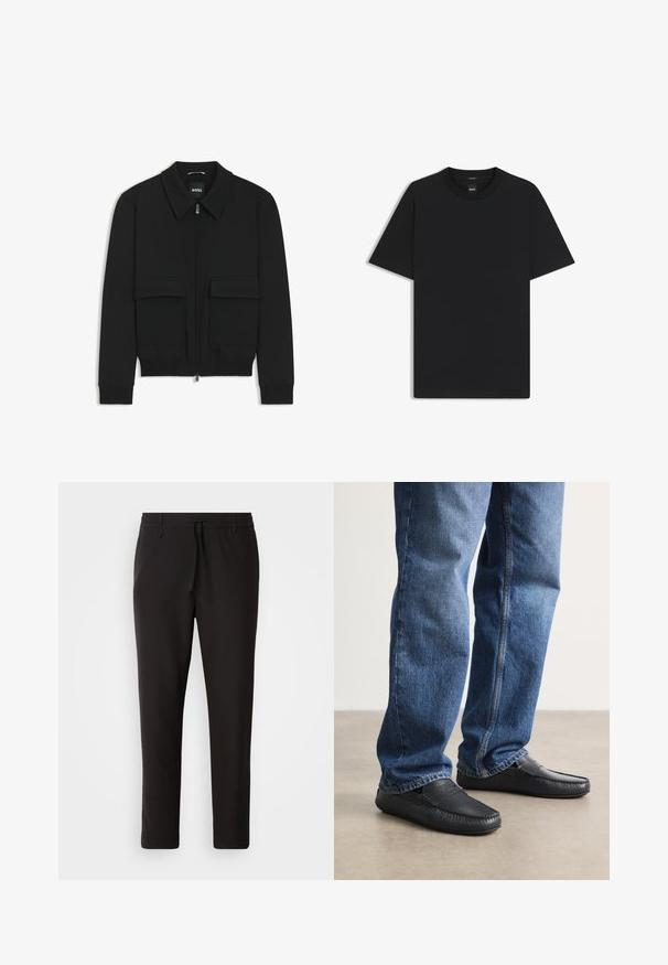 Czarna kurtka bomberka z kołnierzykiem, zapinana na zamek, z dwiema dużymi kieszeniami z klapami. Posiada ściągacze na mankietach i dole, wykonana z teksturowanej tkaniny.; Czarny t-shirt krótki rękaw wykonany z gładkiej mieszanki bawełny, z okrągłym dekoltem i minimalistycznym designem bez wzorów czy akcentów.; Czarne spodnie dresowe wykonane z gładkiego materiału. Posiadają elastyczny pas ze sznurkiem, zwężane nogawki oraz brak widocznych kieszeni. Prosty design.; BOSS NOEL granatowy