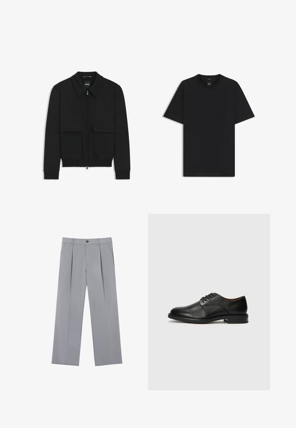 Black bomber jacket with a collared neck, zip front, and two large flap pockets. Features ribbed cuffs and hem, made of textured fabric.; Black short-sleeve T-shirt made from a smooth cotton blend, featuring a crew neckline and a minimalistic design with no patterns or accents.; Gray pleated trousers with a relaxed fit, made from a lightweight fabric. Features front pockets and a button closure at the waist.; Tommy Hilfiger VOGUE LTH - Smart lace-ups - black