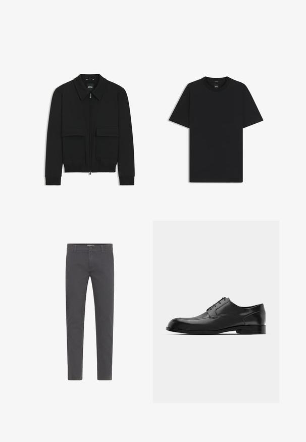 Black bomber jacket with a collared neck, zip front, and two large flap pockets. Features ribbed cuffs and hem, made of textured fabric.; Black short-sleeve T-shirt made from a smooth cotton blend, featuring a crew neckline and a minimalistic design with no patterns or accents.; Gray, slim-fit trousers made from soft cotton. Features a button closure, belt loops, and a clean, streamlined design. No visible patterns.; Black leather dress shoe featuring a rounded toe, smooth texture, minimal seams, and a flat sole with subtle branding on the heel.