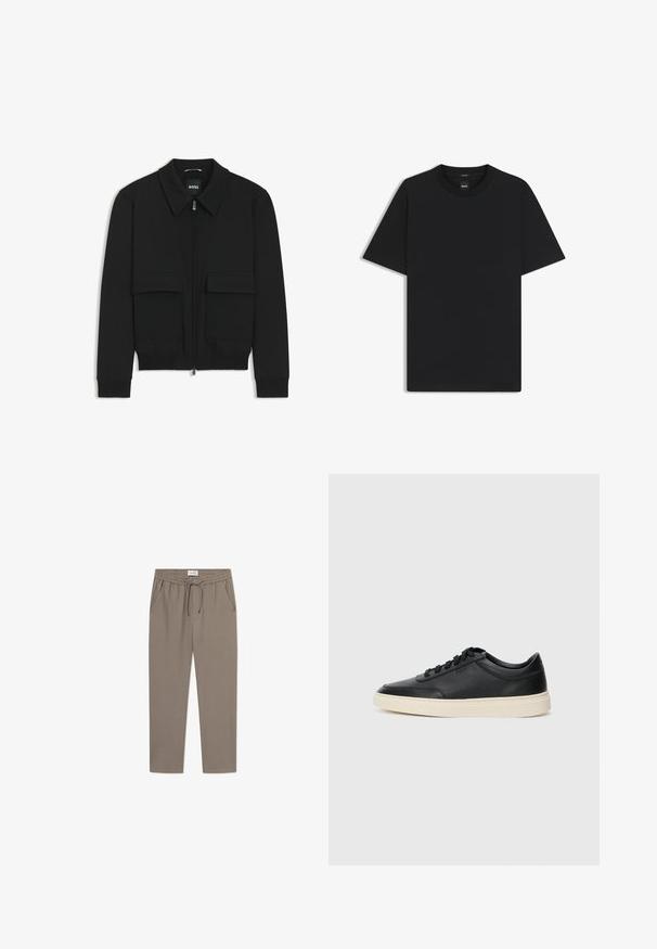 Black bomber jacket with a collared neck, zip front, and two large flap pockets. Features ribbed cuffs and hem, made of textured fabric.; Black short-sleeve T-shirt made from a smooth cotton blend, featuring a crew neckline and a minimalistic design with no patterns or accents.; Gray jogger pants with an elastic waistband, drawstring, and side pockets. Fabric appears smooth with a relaxed fit and tapered legs.; Black low-top leather sneaker with black laces and off-white sole shown in side profile on white background.