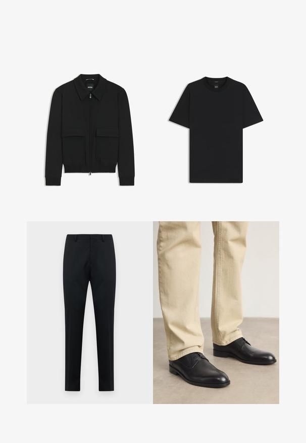 Black bomber jacket with a collared neck, zip front, and two large flap pockets. Features ribbed cuffs and hem, made of textured fabric.; Black short-sleeve T-shirt made from a smooth cotton blend, featuring a crew neckline and a minimalistic design with no patterns or accents.; Black tailored men's formal trousers with belt loops, flat front, and straight legs on a white background.; Black leather lace-up shoes with a rounded toe, smooth finish, and subtle stitching details, worn with light beige pants.