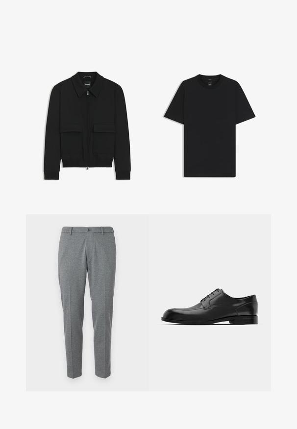 Svart bomberjacka med krage, dragkedja framtill och två stora klafffickor. Har ribbade mudd och nederkant, tillverkad av strukturerad tyg.; Svart kortärmad T-shirt i en mjuk bomullsblandning, med rundad halsringning och en minimalistisk design utan mönster eller detaljer.; Grå dressbyxor i ett texturerat tyg, med knappstängning, bältenöppningar och två framfickor, slim fit design.; Svarta läderkläderskor med rund tå, slät yta, minimala sömmar och platt sula med subtil logotyp på hälen.