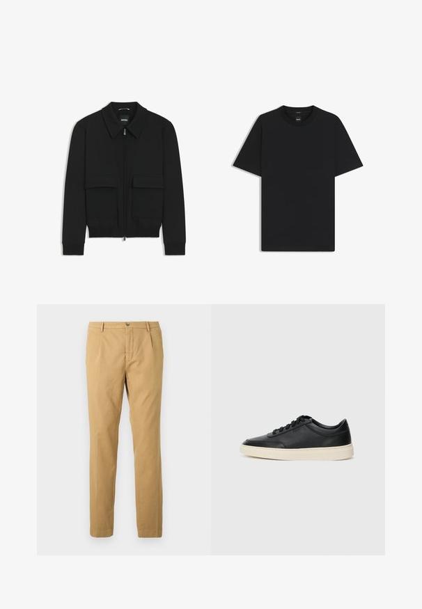 Giacca bomber nera con colletto, chiusura a zip frontale e due grandi tasche con patta. Presenta polsini e orlo a costine, realizzata in tessuto testurizzato.; Maglietta nera a maniche corte realizzata in un morbido misto cotone, con scollatura a girocollo e un design minimalista senza motivi o dettagli.; Pantaloni in cotone beige con design a gamba dritta, dotati di chiusura con zip e bottone, e tasche frontali e posteriori.; Sneaker in pelle nera a basso profilo con lacci neri e suola avorio, mostrato di profilo su sfondo bianco.