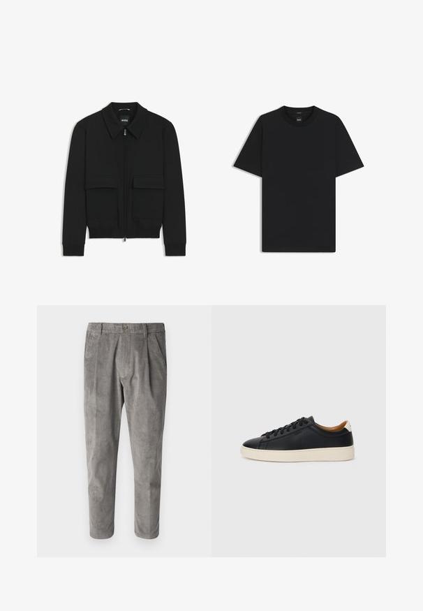 Zwarte bomberjack met een kraag, rits aan de voorkant en twee grote klepzakken. Heeft geribde manchetten en onderrand, gemaakt van textuurstof.; Zwarte korte mouwen T-shirt van een gladde katoenmix, met een ronde halslijn en een minimalistisch ontwerp zonder patronen of accenten.; Grijze corduroy broek met een gestructureerd verticaal streeppatroon, voorzien van een knoopsluiting en twee zijzakken. Tailored fit en cropped lengte.; Zwarte leren sneakers met een gladde textuur, beige rubberen zool, vetersluiting en een contrasterende hielaccent.