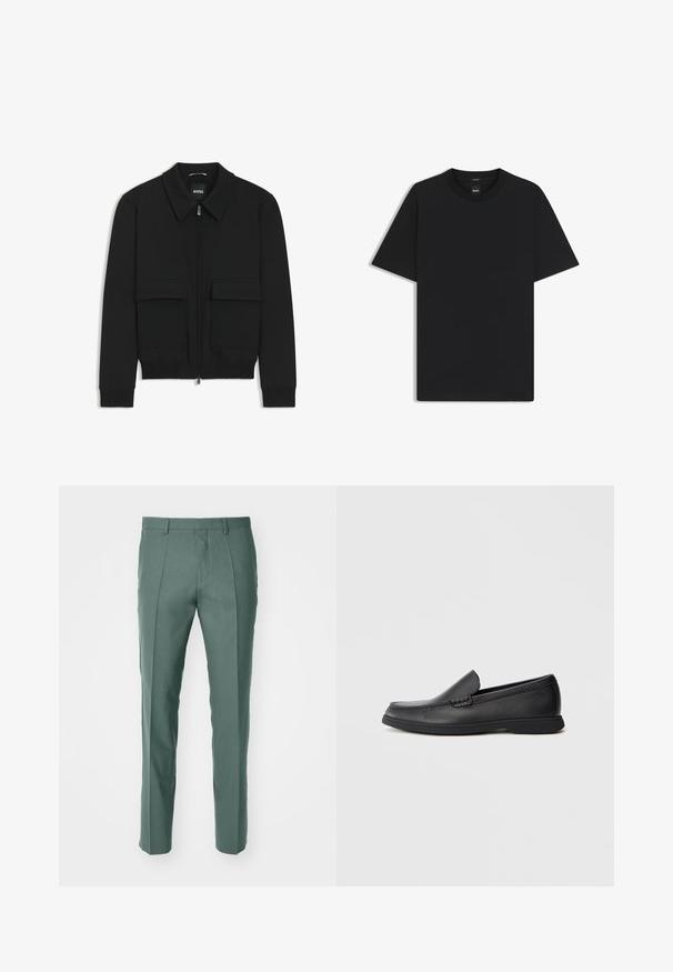 Schwarze Bikerjacke mit Kragen, Reißverschluss vorne und zwei großen Taschen mit Klappen. Mit Rippstrickbündchen und Saum, aus strukturiertem Stoff gefertigt.; Schwarz T-Shirt mit kurzen Ärmeln aus einem glatten Baumwollmix, mit Rundhalsausschnitt und einem minimalistischen Design ohne Muster oder Akzente.; Maßgeschneiderte Hosen in einem gedämpften Grünton, aus strukturiertem Stoff gefertigt, mit geradem Bein und dezenten Vorderfalten.; Schwarze Leder Slipper mit strukturiertem Obermaterial, runder Zehenform, niedrigem Absatz und Gummisohle, seitlich auf weißem Hintergrund abgebildet.