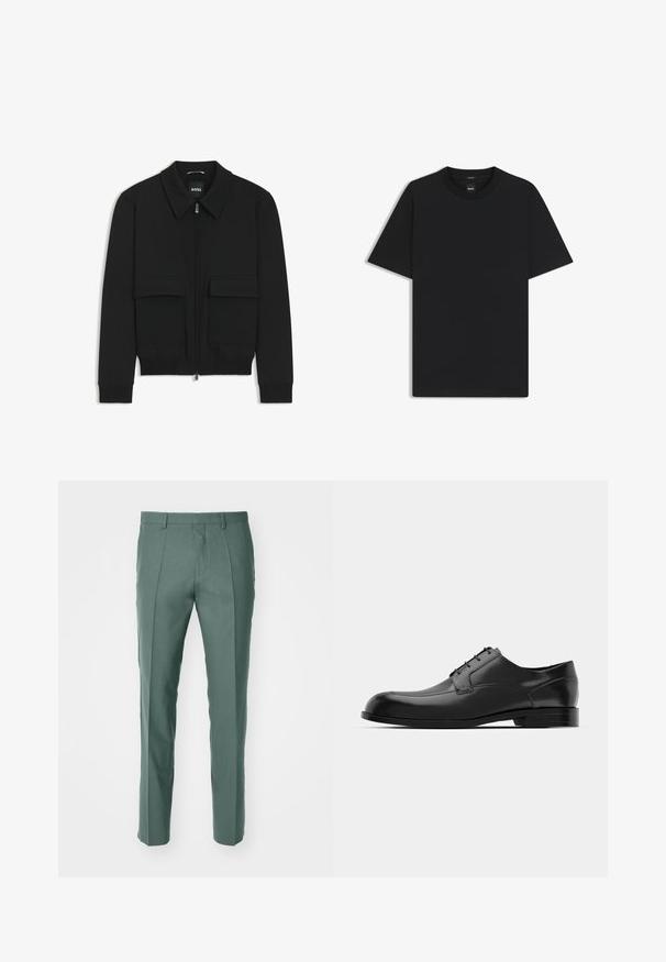 Schwarze Bikerjacke mit Kragen, Reißverschluss vorne und zwei großen Taschen mit Klappen. Mit Rippstrickbündchen und Saum, aus strukturiertem Stoff gefertigt.; Schwarz T-Shirt mit kurzen Ärmeln aus einem glatten Baumwollmix, mit Rundhalsausschnitt und einem minimalistischen Design ohne Muster oder Akzente.; Maßgeschneiderte Hosen in einem gedämpften Grünton, aus strukturiertem Stoff gefertigt, mit geradem Bein und dezenten Vorderfalten.; Schwarze Leder-Dressschuhe mit einer runden Zehenpartie, glatter Oberfläche, minimalen Nähten und flacher Sohle mit dezentem Branding an der Ferse.