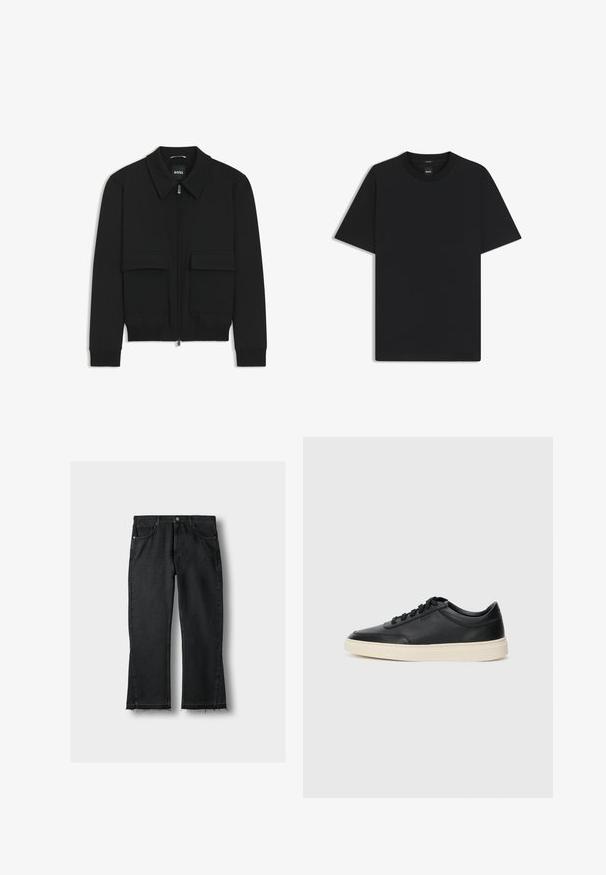 Chaqueta bomber negra con cuello tipo camisa, cierre frontal de cremallera y dos grandes bolsillos con solapa. Presenta puños ribeteados y dobladillo, confeccionada en tela texturizada.; Camiseta negra de manga corta fabricada con una suave mezcla de algodón, que presenta un cuello redondo y un diseño minimalista sin patrones ni acentos.; Jeans de mezclilla negra con corte recto, con dobladillo deshilachado, cinco bolsillos y detalles de metal. Diseño clásico y textura resistente.; Zapatilla negra de piel de caña baja con cordones negros y suela color crema, mostrada en perfil lateral sobre fondo blanco.