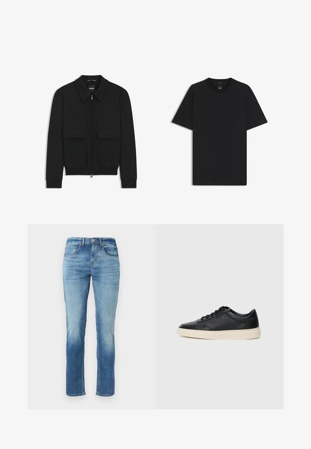 Czarna kurtka bomberka z kołnierzykiem, zapinana na zamek, z dwiema dużymi kieszeniami z klapami. Posiada ściągacze na mankietach i dole, wykonana z teksturowanej tkaniny.; Czarny t-shirt krótki rękaw wykonany z gładkiej mieszanki bawełny, z okrągłym dekoltem i minimalistycznym designem bez wzorów czy akcentów.; Jasnoniebieskie dżinsy o prostej nogawce, pięć kieszeni, subtelne przetarcia na udach oraz klasyczne zapięcie na guzik w pasie.; Czarne niskie skórzane sneakersy z czarnymi sznurówkami i off-white podeszwą, prezentowane w profilu bocznym na białym tle.