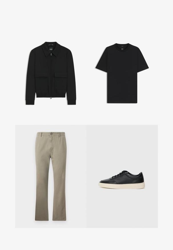 Schwarze Bikerjacke mit Kragen, Reißverschluss vorne und zwei großen Taschen mit Klappen. Mit Rippstrickbündchen und Saum, aus strukturiertem Stoff gefertigt.; Schwarz T-Shirt mit kurzen Ärmeln aus einem glatten Baumwollmix, mit Rundhalsausschnitt und einem minimalistischen Design ohne Muster oder Akzente.; Beige Baumwollhosen mit geradem Schnitt, ausgestattet mit einem Knopfverschluss, Gürtelschlaufen und einer leicht strukturierten Oberfläche, geeignet für die Freizeit.; Schwarzer niedriger Ledersneaker mit schwarzen Schnürsenkeln und cremefarbenem Sohlenrand, seitlich auf weißem Hintergrund dargestellt.