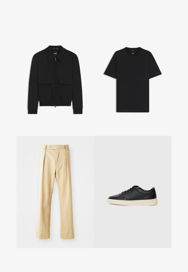 Sort bomberjakke med krave, lynlås foran og to store klaplommer. Har ribbede manchetter og bund, lavet af struktureret stof.; Sort kortærmet T-shirt lavet af en glat bomuldsblanding, med en rund halsudskæring og et minimalistisk design uden mønstre eller accenter.; Beige bukser med lige ben-design, der har frontfoldninger, en knaplukning og en glat tekstur. Ingen synlige mønstre eller accenter.; Sort lavt top lædersneaker med sorte snørebånd og off-white sål vist i sideprofil på hvid baggrund.