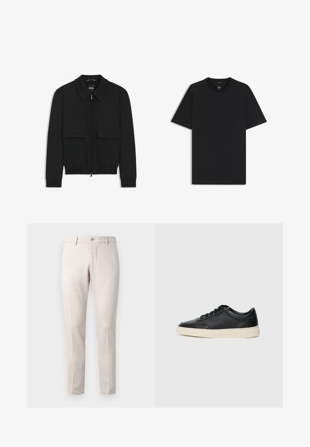 Schwarze Bikerjacke mit Kragen, Reißverschluss vorne und zwei großen Taschen mit Klappen. Mit Rippstrickbündchen und Saum, aus strukturiertem Stoff gefertigt.; Schwarz T-Shirt mit kurzen Ärmeln aus einem glatten Baumwollmix, mit Rundhalsausschnitt und einem minimalistischen Design ohne Muster oder Akzente.; Hellbeige Hosen aus einem weichen Stoff, mit einem Knopfverschluss, zwei vorderen Falten und einem geraden Bein.; Schwarzer niedriger Ledersneaker mit schwarzen Schnürsenkeln und cremefarbenem Sohlenrand, seitlich auf weißem Hintergrund dargestellt.
