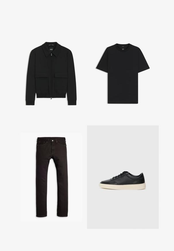 Czarna kurtka bomberka z kołnierzykiem, zapinana na zamek, z dwiema dużymi kieszeniami z klapami. Posiada ściągacze na mankietach i dole, wykonana z teksturowanej tkaniny.; Czarny t-shirt krótki rękaw wykonany z gładkiej mieszanki bawełny, z okrągłym dekoltem i minimalistycznym designem bez wzorów czy akcentów.; Czarne dżinsy slim fit z pięcioma kieszeniami i zapięciem na guzik, wyłożone płasko na białym tle.; Czarne niskie skórzane sneakersy z czarnymi sznurówkami i off-white podeszwą, prezentowane w profilu bocznym na białym tle.