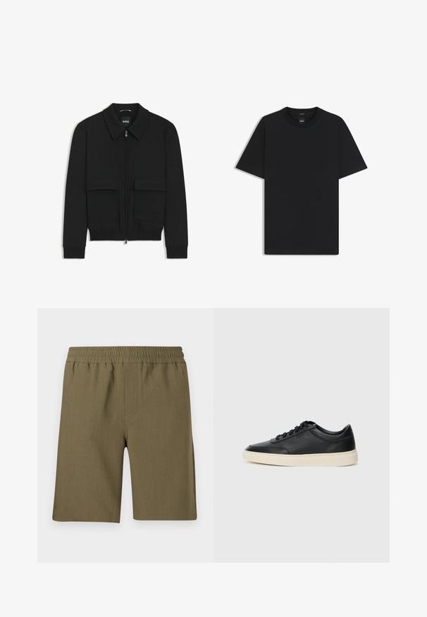 Giacca bomber nera con colletto, chiusura a zip frontale e due grandi tasche con patta. Presenta polsini e orlo a costine, realizzata in tessuto testurizzato.; Maglietta nera a maniche corte realizzata in un morbido misto cotone, con scollatura a girocollo e un design minimalista senza motivi o dettagli.; Samsøe Samsøe SMITH - Shorts - four leaf clover; Sneaker in pelle nera a basso profilo con lacci neri e suola avorio, mostrato di profilo su sfondo bianco.