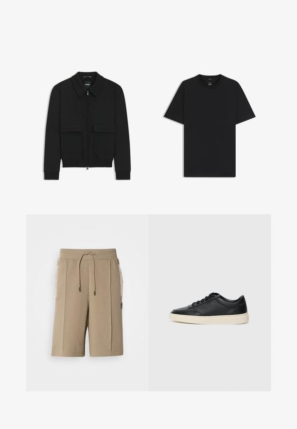 Schwarze Bikerjacke mit Kragen, Reißverschluss vorne und zwei großen Taschen mit Klappen. Mit Rippstrickbündchen und Saum, aus strukturiertem Stoff gefertigt.; Schwarz T-Shirt mit kurzen Ärmeln aus einem glatten Baumwollmix, mit Rundhalsausschnitt und einem minimalistischen Design ohne Muster oder Akzente.; Beige Baumwollshorts mit elastischem Bund und Kordelzug. Mit gesteppter Seitentasche und einem Logopatch auf der Vorderseite.; Schwarzer niedriger Ledersneaker mit schwarzen Schnürsenkeln und cremefarbenem Sohlenrand, seitlich auf weißem Hintergrund dargestellt.