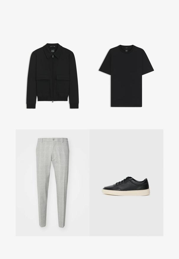 Schwarze Bikerjacke mit Kragen, Reißverschluss vorne und zwei großen Taschen mit Klappen. Mit Rippstrickbündchen und Saum, aus strukturiertem Stoff gefertigt.; Schwarz T-Shirt mit kurzen Ärmeln aus einem glatten Baumwollmix, mit Rundhalsausschnitt und einem minimalistischen Design ohne Muster oder Akzente.; Grau kariierte Hose mit maßgeschneiderter Passform, mit flachem Frontdesign, einem einzelnen Knopfverschluss und Gürtelschlaufen. Aus einem glatten Stoff gefertigt.; Schwarzer niedriger Ledersneaker mit schwarzen Schnürsenkeln und cremefarbenem Sohlenrand, seitlich auf weißem Hintergrund dargestellt.