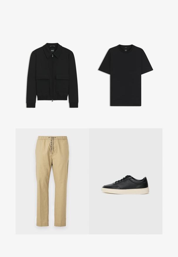 Black bomber jacket with a collared neck, zip front, and two large flap pockets. Features ribbed cuffs and hem, made of textured fabric.; Black short-sleeve T-shirt made from a smooth cotton blend, featuring a crew neckline and a minimalistic design with no patterns or accents.; Beige pants with an elastic waistband, adjustable drawstring, straight legs, and a lightweight fabric texture.; Black low-top leather sneaker with black laces and off-white sole shown in side profile on white background.