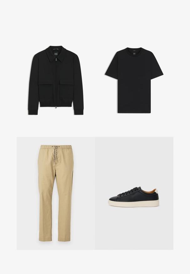 Veste bomber noire avec col, fermeture éclair à l'avant et deux grandes poches à rabat. Dotée de poignets et d'un bas côtelés, fabriquée en tissu texturé.; T-shirt noir à manches courtes en coton mélangé doux, avec un col rond et un design minimaliste sans motifs ni accents.; Pantalons beiges avec une taille élastique, un cordon de serrage ajustable, des jambes droites et une texture de tissu léger.; Baskets en cuir noir avec une texture lisse, semelle en caoutchouc beige, design à lacets et accent de talon contrasté.