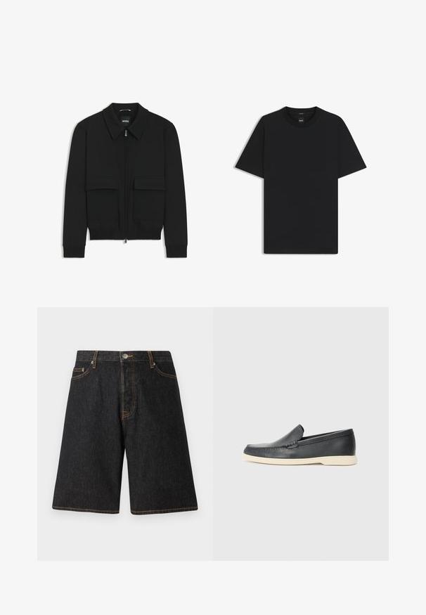 Sort bomberjakke med krave, lynlås foran og to store klaplommer. Har ribbede manchetter og bund, lavet af struktureret stof.; Sort kortærmet T-shirt lavet af en glat bomuldsblanding, med en rund halsudskæring og et minimalistisk design uden mønstre eller accenter.; Sorte denimshorts med lige ben, prydet med orange syninger, fem lommer og en metalknaplukning i linningen.; Sorte læder slip-on loafers med en struktureret overflade og en kontrasterende beige gummisål. Har en subtil detalje langs forsiden.