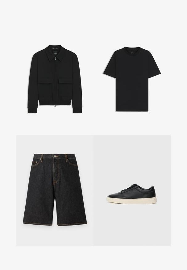 Musta pommikohva takki, jossa on kauluskulli, vetoketju etupuolella ja kaksi suurta läpällistä taskua. Varustettu ribbireunuksilla hihoissa ja helmassa, valmistettu teksturoituneesta kankaasta.; Musta lyhythiha T-paita, joka on valmistettu sileästä puuvillasekoitteesta. Paita on varustettu pyöreällä pääntiehen ja siinä on minimaalinen muotoilu ilman kuvioita tai yksityiskohtia.; Mustat farkkushortsit suoran lahkeen leikkauksella, joissa on oranssit ompeleet, viisi taskua ja metallinen nappisuljenta vyötäröllä.; Musta matalavartinen nahkastretchu, jossa on mustat nauhat ja vaaleanharmaa pohja, esitetty sivuprofiilissa valkoista taustaa vasten.