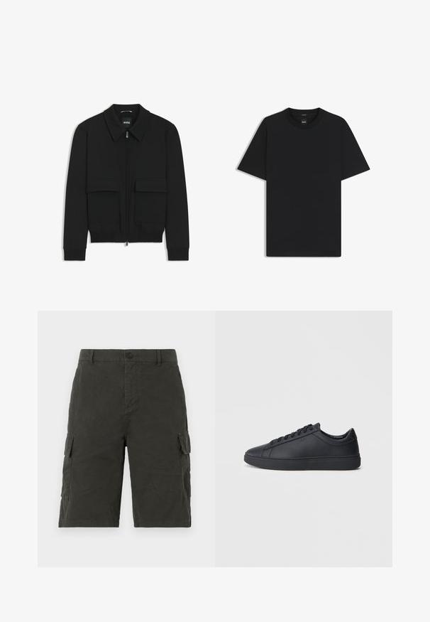 Musta pommikohva takki, jossa on kauluskulli, vetoketju etupuolella ja kaksi suurta läpällistä taskua. Varustettu ribbireunuksilla hihoissa ja helmassa, valmistettu teksturoituneesta kankaasta.; Musta lyhythiha T-paita, joka on valmistettu sileästä puuvillasekoitteesta. Paita on varustettu pyöreällä pääntiehen ja siinä on minimaalinen muotoilu ilman kuvioita tai yksityiskohtia.; Tummanvihreät cargo-shortsit, jotka on valmistettu kevyestä kankaasta. Niissä on kaksi sivutaskua ja napitus vyötäröllä.; Mustat lenkkarit, jotka on valmistettu sileästä nahasta, matalalla varrella, pyöreällä varvalla ja tasaisella kumipohjalla. Varusteena nauhat ja huomaamaton brändäys.