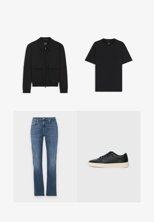 Black bomber jacket with a collared neck, zip front, and two large flap pockets. Features ribbed cuffs and hem, made of textured fabric.; Black short-sleeve T-shirt made from a smooth cotton blend, featuring a crew neckline and a minimalistic design with no patterns or accents.; Blue straight-leg denim jeans with front pockets, button closure, and slight faded detailing on thighs and knees.; Black low-top leather sneaker with black laces and off-white sole shown in side profile on white background.